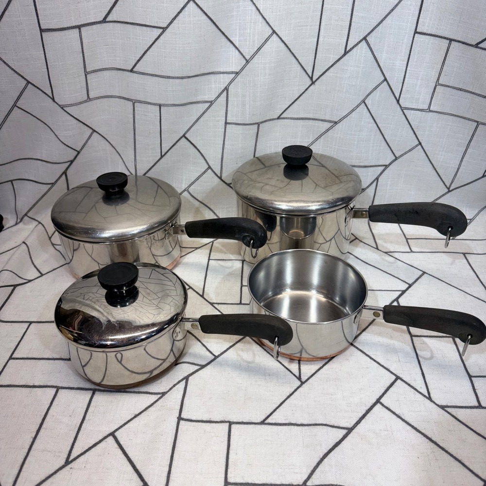 Revere Ware Saucepan Set 7 Piece Silver Copper Bottom Stainless Steel USA Made